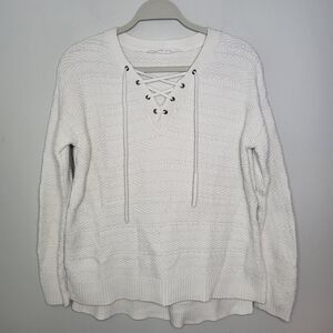 Athleta Sunset Lace Up Sweater XS White Oversized Cotton Blend Pullover